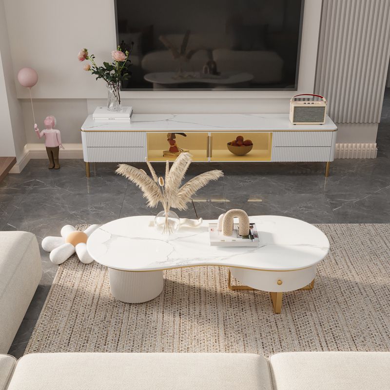 Glam Style Stone TV Stand White Color Console TV de stockage fermé avec 2 dessins