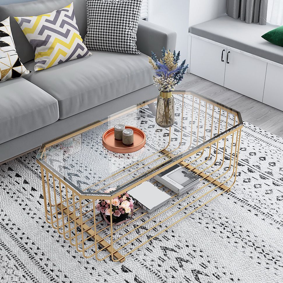 Gold Metal Frame Coffee Table Luxurious Cocktail Table with Shelf Clearhalo 'Coffee & Accent Tables' 'Coffee Tables' 'coffee_tables' 'furn' 'furn_coffee_tables' 'Furniture' 'Living Room Furniture' 1200x1200_b8fd2c05-06bc-41ea-8192-e11b5893212e