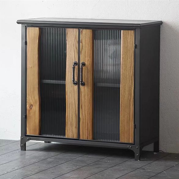 Metal & Wood Accent Cabinet Industrial Style Glass Paned Storage Cabinet