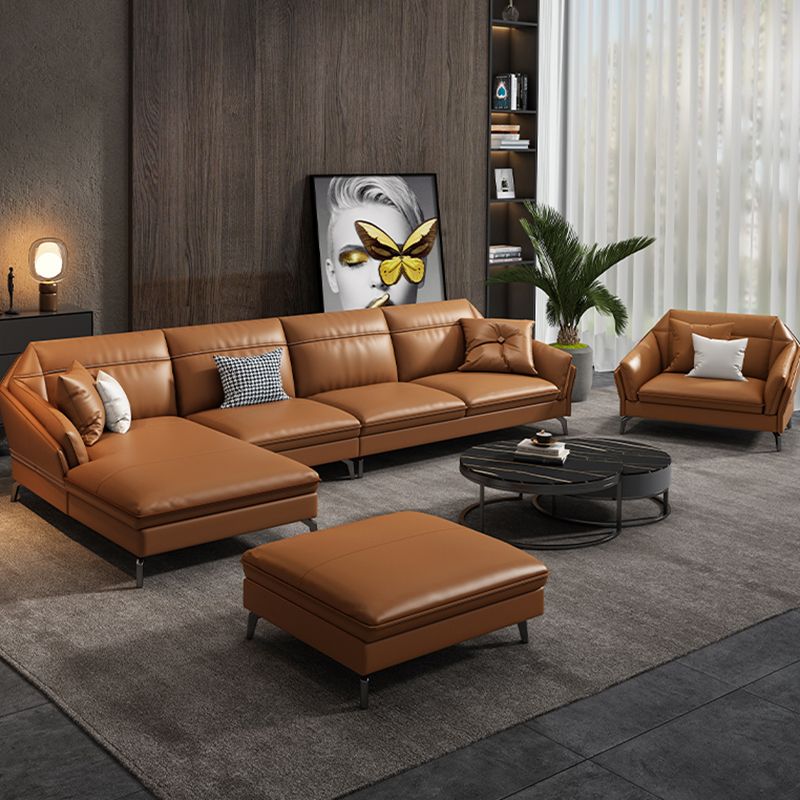 Contemporary Genuine Leather Sewn Pillow Back Sofa 35.43"High Flared Arm Sofa,Dark Brown Clearhalo 'furn' 'furn_sectionals' 'Furniture' 'furniture_sectionals' 'kitchen' 'kitchen_sectionals' 'Living Room Furniture' 'Sectionals' 1200x1200_b9210e11-3723-46ff-9f2c-bfa1bb63e52b