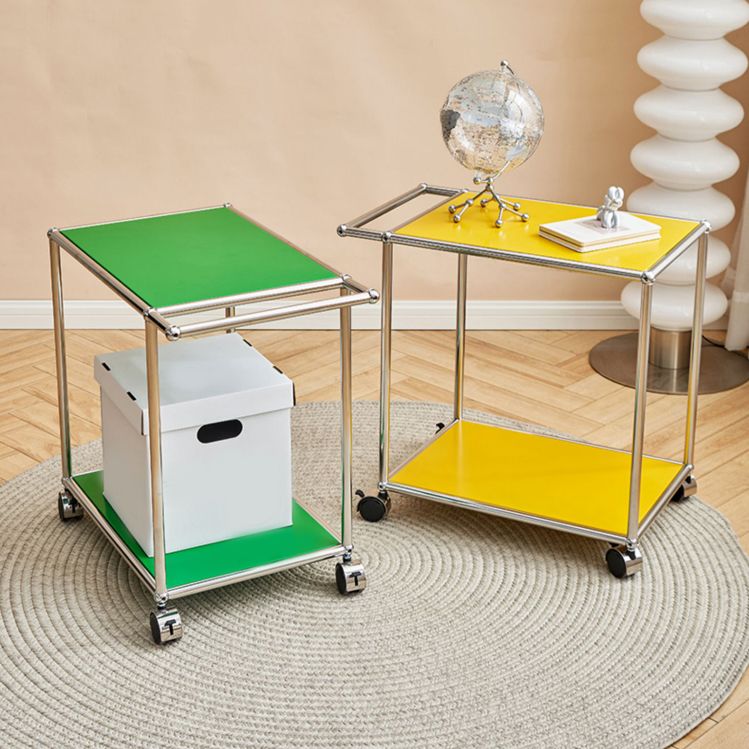 Medieval Modern Style Rectangular Metal Side Table with Wheel Base Design