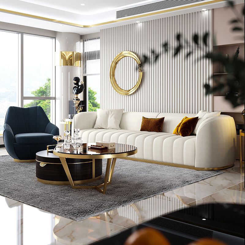 Beige eigentijdse bank met kussens faux lederen smoking tuxedo arm bank