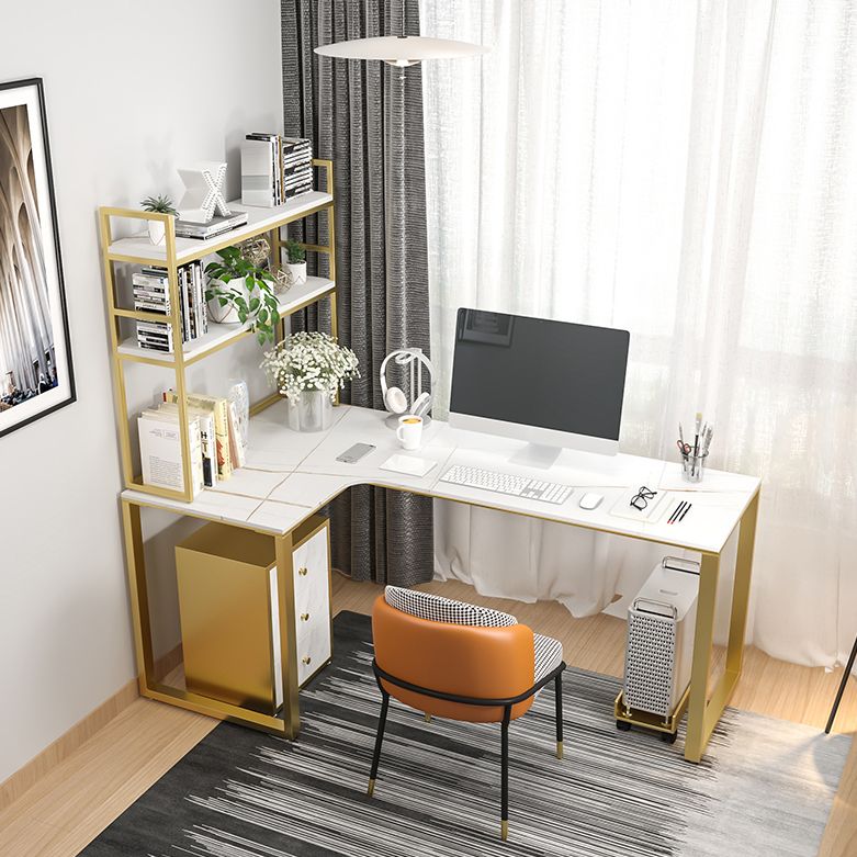 Scrivania in pietra sinterita glam camera da letto a forma di a forma di scrittura bianca con gamba in acciaio dorato