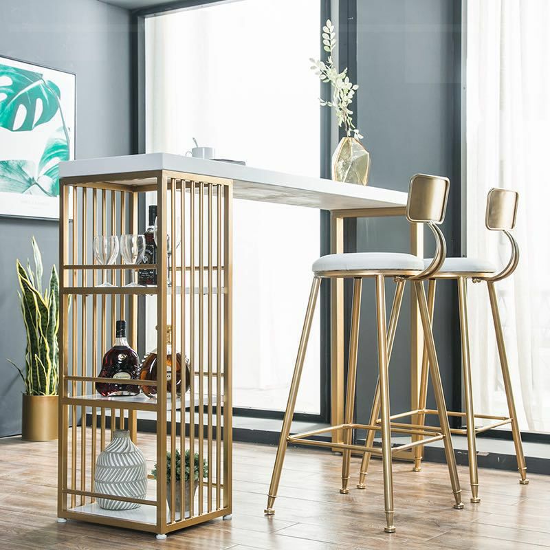 Glam Marble Table with Rectangle Table Top Gold Double Pedestal Table - 41.3" H Clearhalo 'Bar Furniture' 'Bar Tables' 'bar_tables' 'furn' 'furn_bar_tables' 'Furniture' 'furniture_bar_tables' 'Kitchen & Dining Furniture' 1200x1200_b980cab5-e338-4233-bfbe-3ab7dfa2fed1