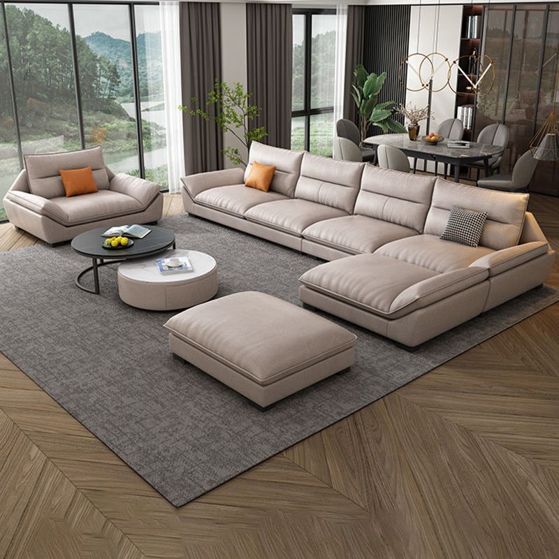 Flared Arm Beige Sectional Sofa with Chaise Pillowed Back Cushions Couch Sectional Clearhalo 'furn' 'furn_sectionals' 'Furniture' 'furniture_sectionals' 'kitchen' 'kitchen_sectionals' 'Living Room Furniture' 'Sectionals' 1200x1200_b98326ad-a81f-4278-a6f9-3949fda96740