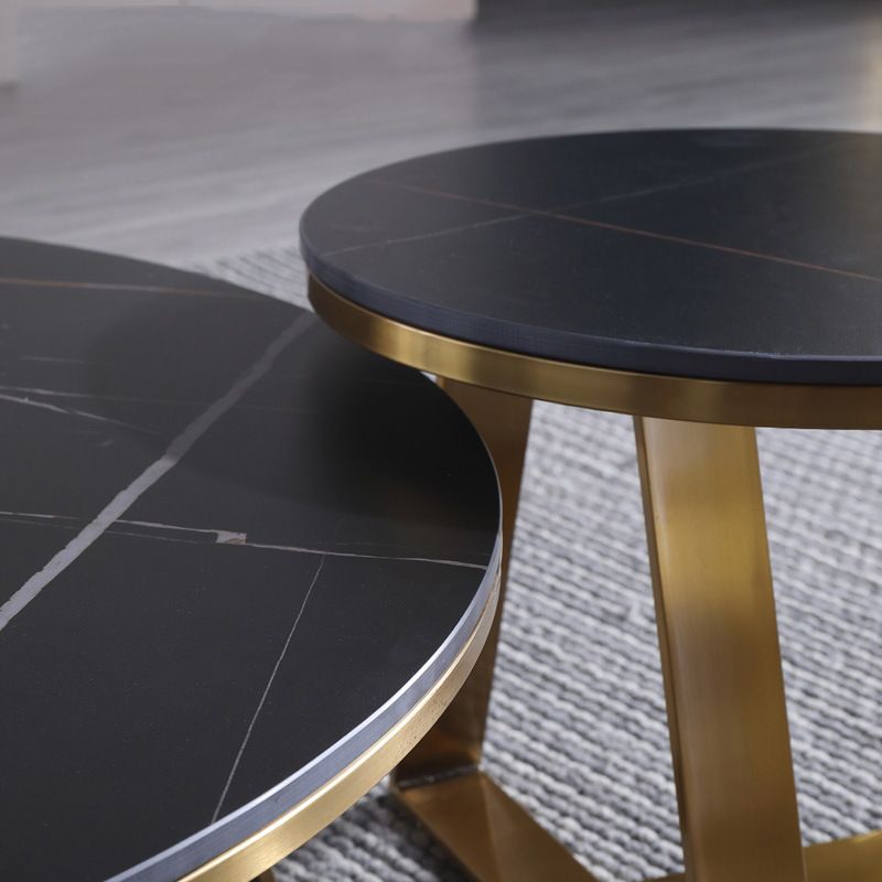 Black Round Slate Coffee Table Luxurious Steel Frame Cocktail Table
