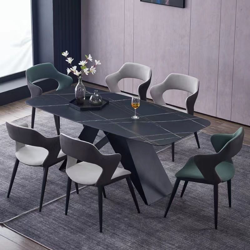 Mesa de comedor de piedra rectangular moderna con base de metal