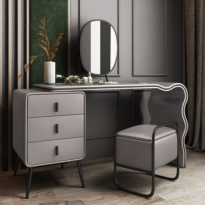 3 Drawers Make-up Vanity Set, 28.74" H Leather Vanity with Stool & Mirror Clearhalo 'Bedroom Furniture' 'furn' 'furn_makeup_vanities' 'Furniture' 'Makeup Vanities' 'makeup_vanities' 1200x1200_b9aa6b72-21d6-4b0f-9149-29adcfcfb422