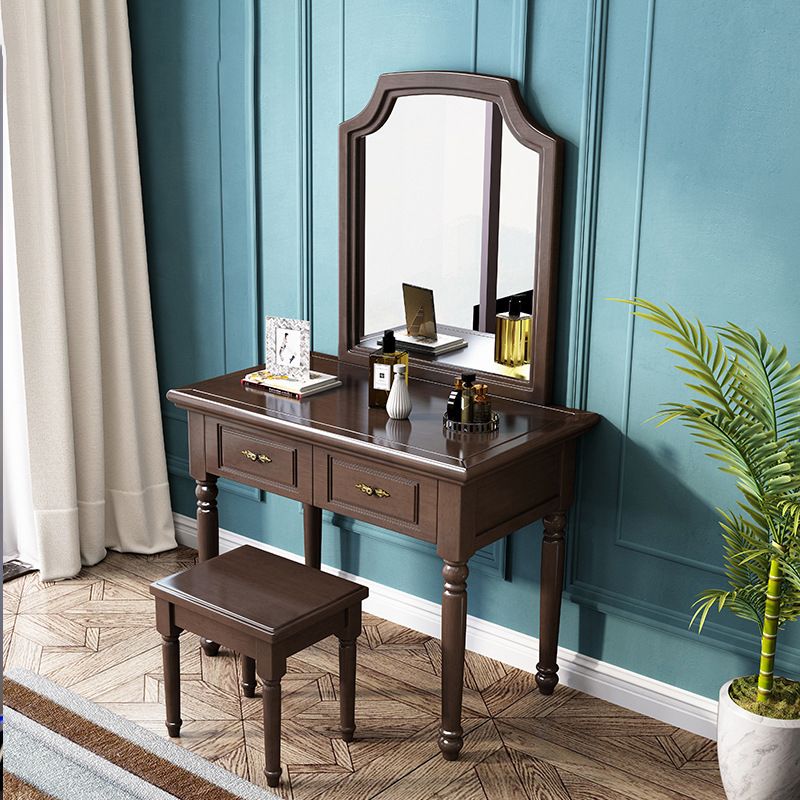 Rubberwood Victorian Dressing Table Stool Set with 2 Drawers and Mirror