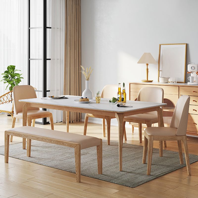 Modern White Rectangular Stone Top Dining Table with 4 Ash Legs
