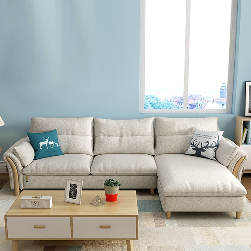 Nrdic stof stationaire woonkamer wijd uitlopende armkussens bank chaise