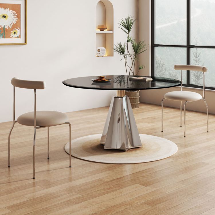 Modern Round Dining Table Glass Tabletop with Stainless Steel Pedestal Base