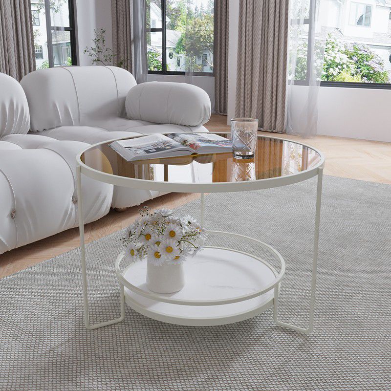 Round Cocktail Table Glass Top Single Coffee Table with Shelf Clearhalo 'Coffee & Accent Tables' 'Coffee Tables' 'coffee_tables' 'furn' 'furn_coffee_tables' 'Furniture' 'Living Room Furniture' 1200x1200_b9ee2f77-2737-4d56-a6f3-4af33de772a3