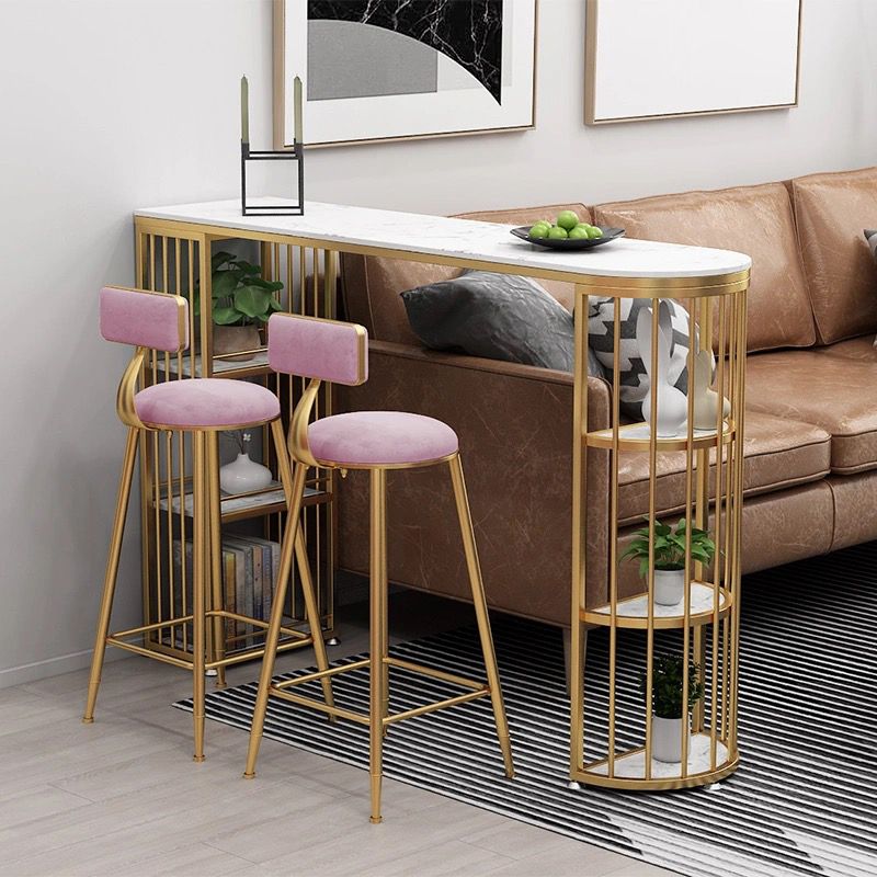 Glam Gold Iron Bar Table Faux Marble Specialty Top 41.3"H Bistro Table with Storage Clearhalo 'Bar Furniture' 'Bar Tables' 'bar_tables' 'furn' 'furn_bar_tables' 'Furniture' 'furniture_bar_tables' 'Kitchen & Dining Furniture' 1200x1200_b9f22ead-cef2-4fe9-b649-34b37de7f482