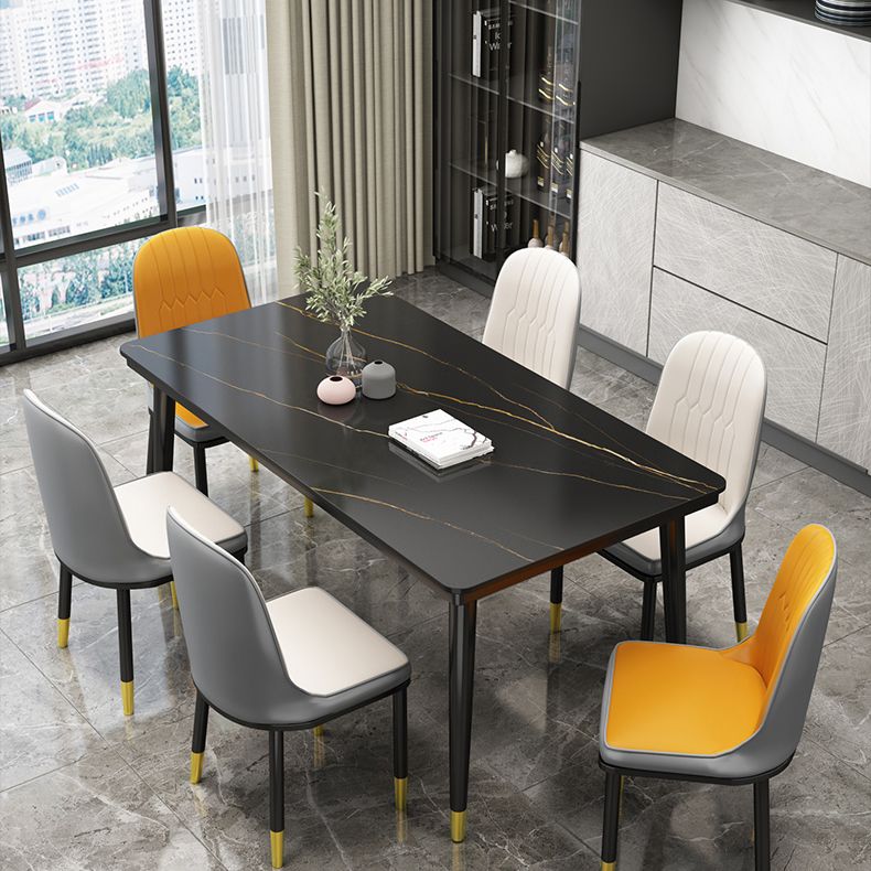 Rectangle Stone Top Dining Table Glam Style Kitchen Dining Table with Metal Legs