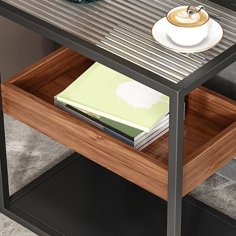 21.6" Tall Modern Rectangular Glass Top Side Table Iron Frame End Table with Shelves