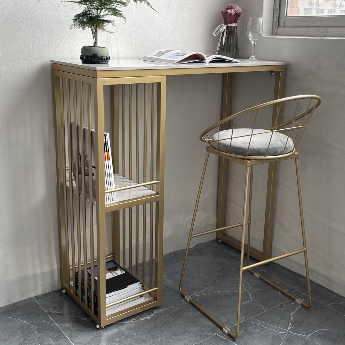 Glam 1/2/3 Pièces Tableau de barre Ensemble de comptoir en pierre rectangle avec tabourets hauts