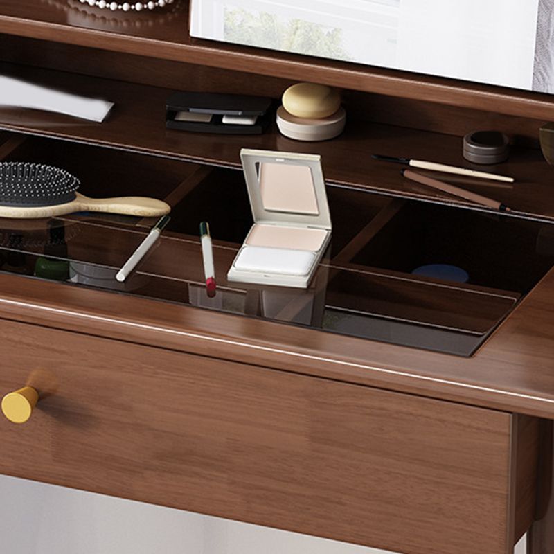 Taburete de tocador de maquillaje de madera con espejo en acabado natural/nogal