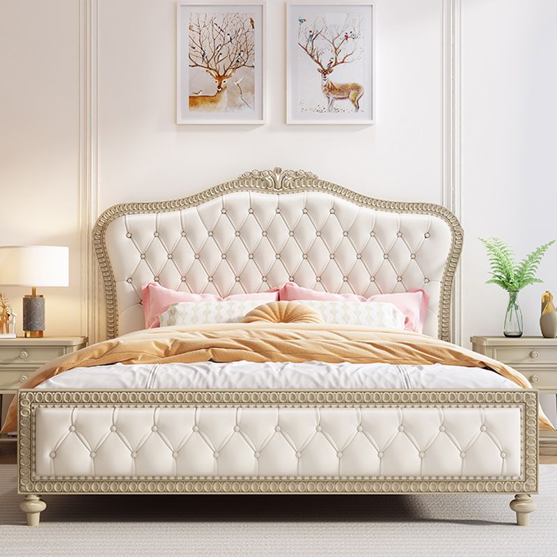Queen Size Victoriaans houten bedframe getuft gestoffeerd standaardbed in beige