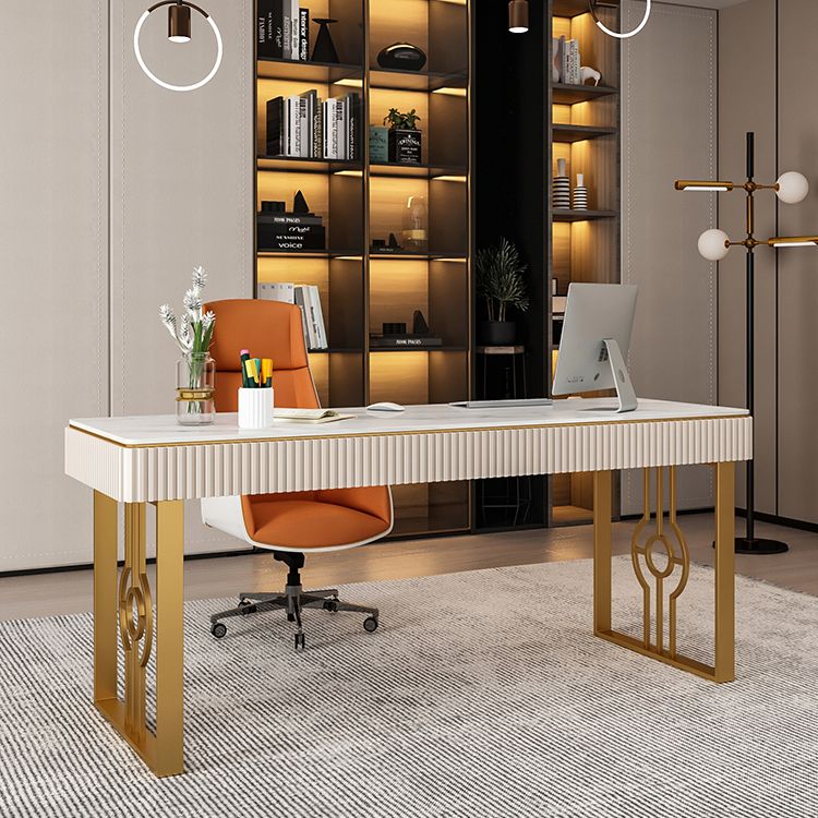 Escritorio de la oficina de 2 cavadores de estilo glamoroso con base de piedra sinterizada con base de trineo