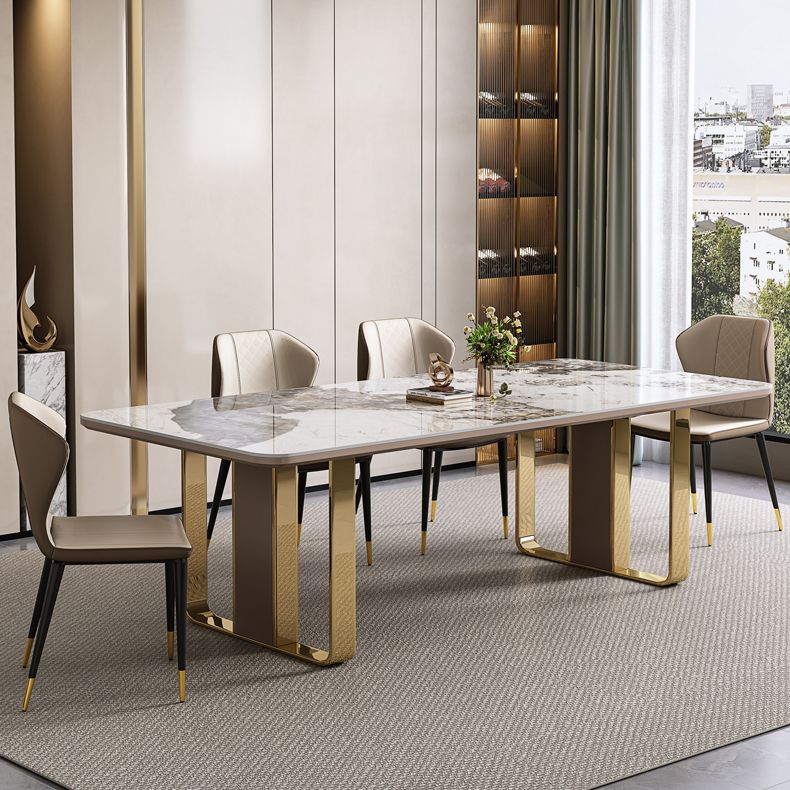 Traditional Luxury Sintered Stone Top Dining Table Rectangle Table With Metal Double Pedestal Clearhalo ' dining_table' 'Dining Tables & Seating' 'Dining Tables' 'furn' 'furn_dining_table' 'Furniture' 'furniture_dining_table' 'Kitchen & Dining Furniture' 'kitchen&dining_furn' 'kitchen' 'kitchen_dining_table' 1200x1200_ba948b33-bae6-4d74-9a4e-487ae67c7345