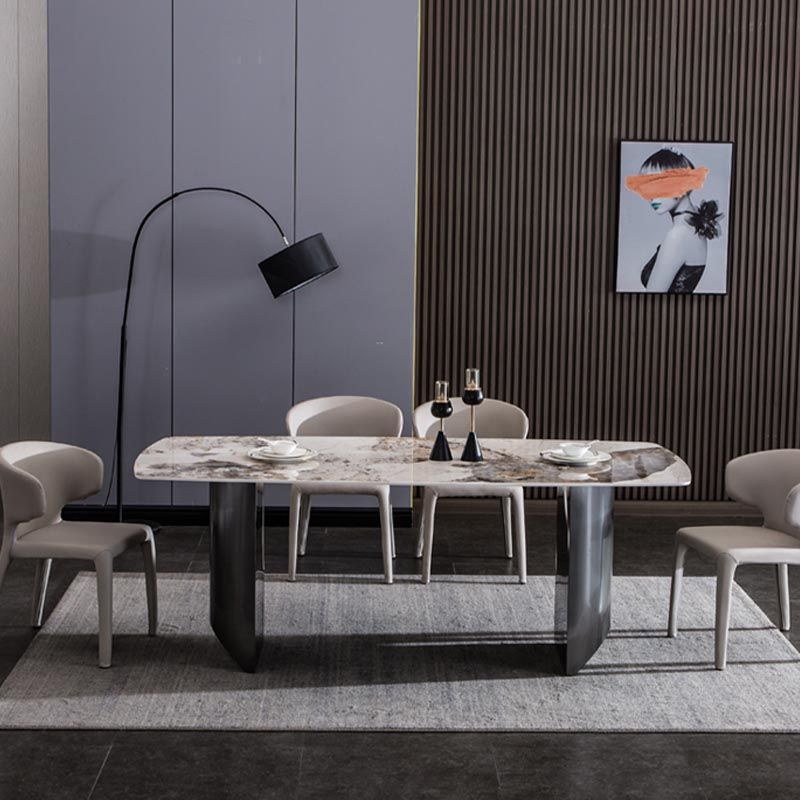 Modern Black Base Dinner Room Kitchen Table Rectangle Stone Dinette Table