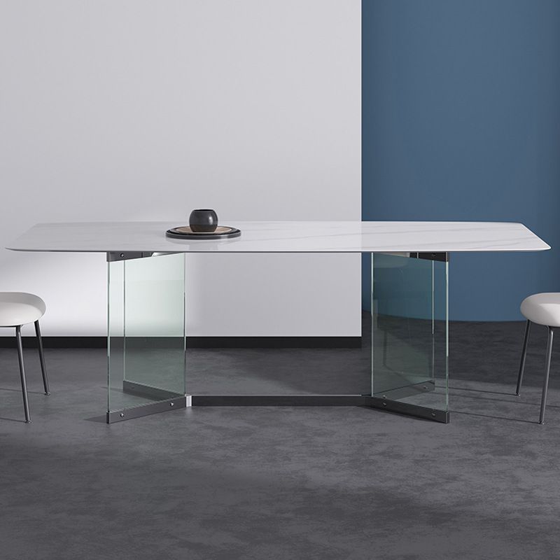 Modern Stone Double Pedestal Dining Table Rectangle White Top Table for Home Clearhalo 'Dining Tables & Seating' 'Dining Tables' 'dining_table' 'furn' 'furn_dining_table' 'Furniture' 'furniture_dining_table' 'Kitchen & Dining Furniture' 'kitchen' 'kitchen_dining_table' 1200x1200_bada7425-3b14-4c2c-8aa7-8b0cd7fd9676
