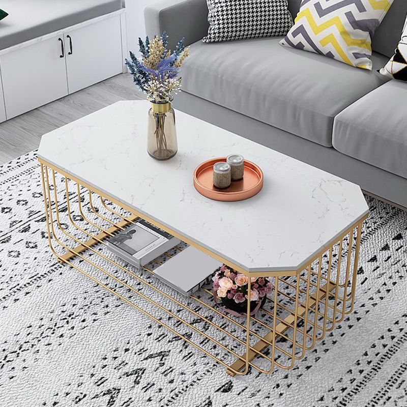 Glam Marble Top Coffee Table with Iron Base and Shelf Cocktail Table