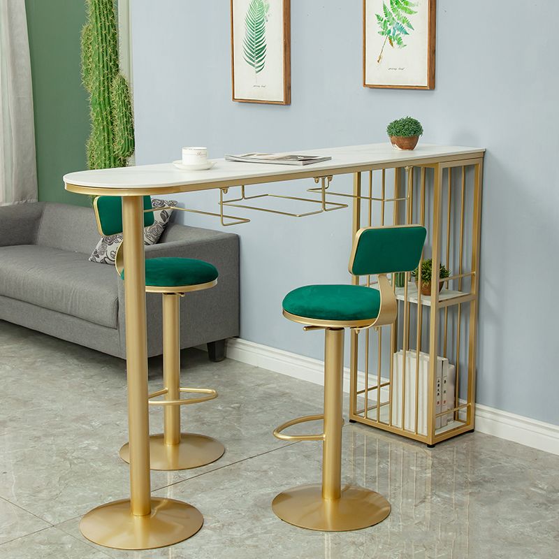 Glam White Stone Bar Dining Table Gold Double Pedestal Bistro Table with Shelve Clearhalo 'Bar Furniture' 'Bar Tables' 'bar_tables' 'furn' 'furn_bar_tables' 'Furniture' 'furniture_bar_tables' 'Kitchen & Dining Furniture' 'kitchen&dining_furn' 'kitchen' 1200x1200_baefa4b7-7b7d-4605-a139-a523ea853951