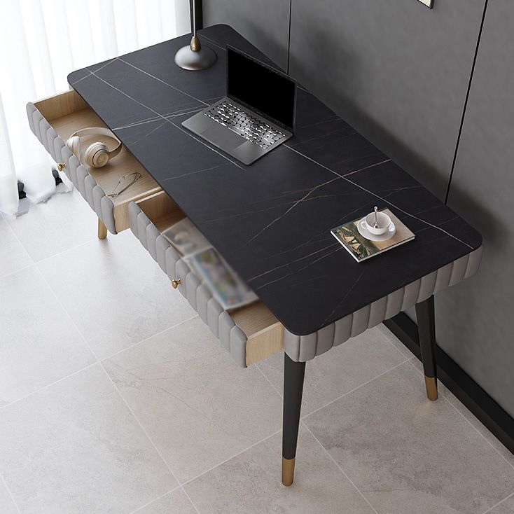 Contemporary Office Desk Sintered Stone Desktop with 2 Drawers Black Table Leg Desk Clearhalo 'furn' 'furn_office_desk' 'Furniture' 'Office Desks' 'Office Furniture' 'office_desk' 1200x1200_bb202522-a18b-48f7-b839-eb23aafb5c0a