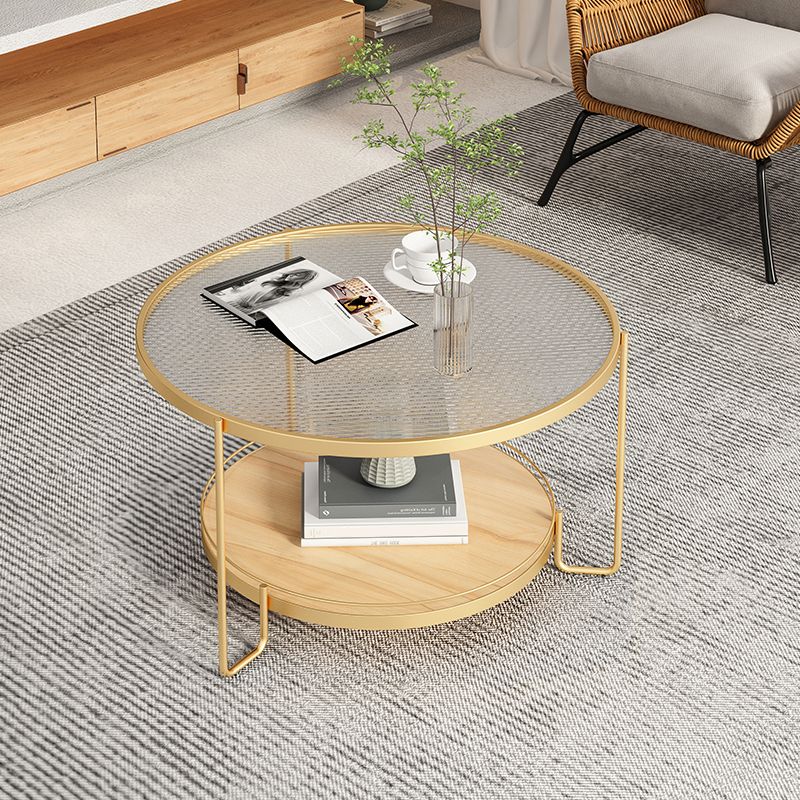 Table basse ronde en verre de 17,7 po de hauteur, table de cocktail à 3 pieds en fer avec étagère