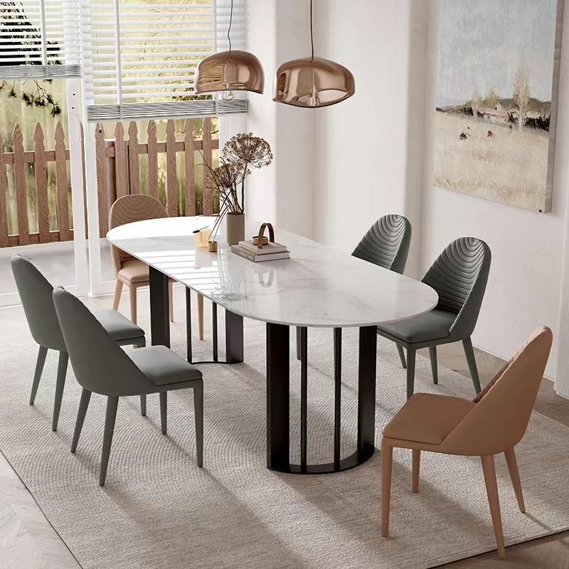 Modern White Stone Top Dinner Table Oval Metal Double Pedestal Dining Table Clearhalo 'Dining Tables & Seating' 'Dining Tables' 'dining_table' 'furn' 'furn_dining_table' 'Furniture' 'furniture_dining_table' 'Kitchen & Dining Furniture' 'kitchen' 'kitchen_dining_table' 1200x1200_bb8db306-74a4-4fad-b877-c8d7ac316bdf