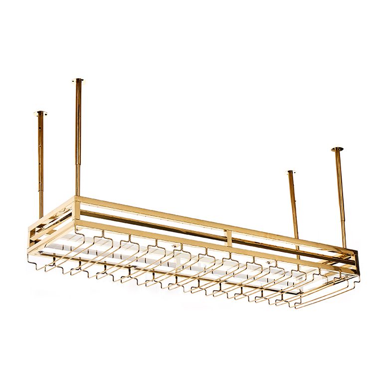 Porta del vino appeso ad acciaio dorato con supporto di vetro e scaffale