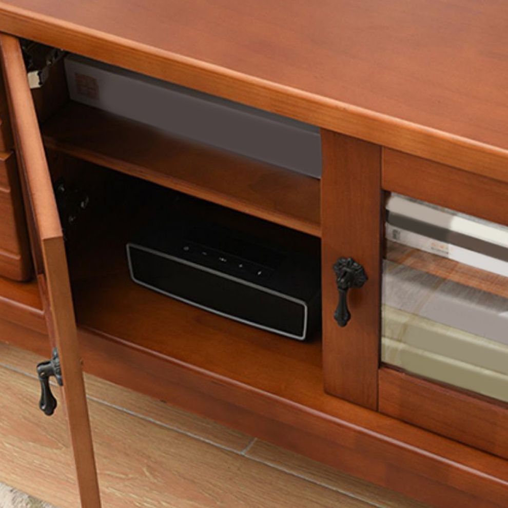 Traditioneel massief houten tv-meubel, 19,7 inch H tv-console met 4 lades en kast