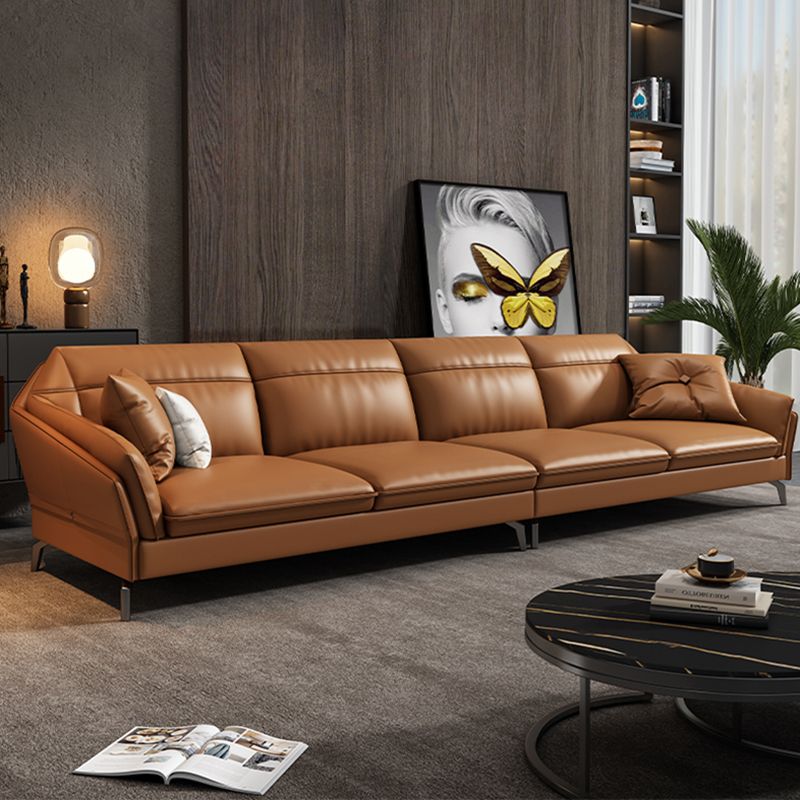 Contemporary Genuine Leather Sewn Pillow Back Sofa 35.43"High Flared Arm Sofa,Dark Brown Clearhalo 'furn' 'furn_sectionals' 'Furniture' 'furniture_sectionals' 'kitchen' 'kitchen_sectionals' 'Living Room Furniture' 'Sectionals' 1200x1200_bbc83d33-fac7-4181-8f6b-2e77b5a00706