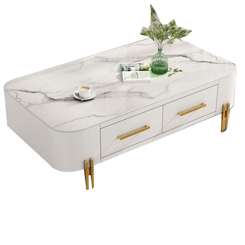 Modern Metal 4 Legs Cocktail Table Rectangle Slate Coffee Table with 2 Drawers