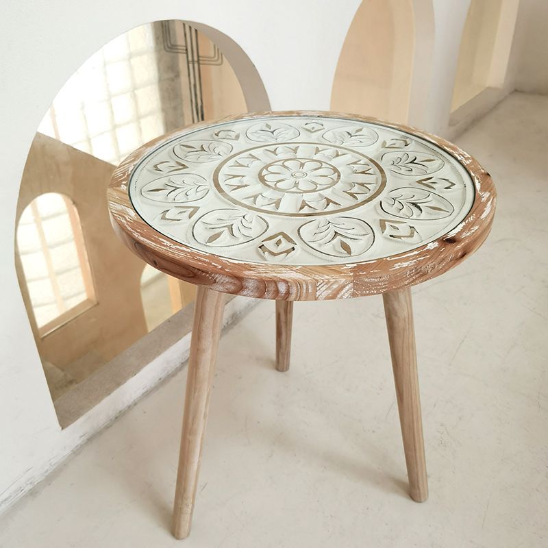 French Country 3 Legs Sofa Side Accent Table Solid Wood Round End Table