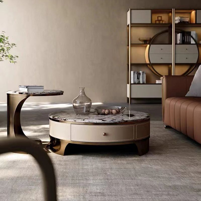 Drum Base Design Marble White/black White Top Metal Base Round Coffee Table Clearhalo 'Coffee & Accent Tables' 'Coffee Tables' 'coffee_tables' 'furn' 'furn_coffee_tables' 'Furniture' 'Living Room Furniture' 1200x1200_bbd53495-3e1b-41df-97f4-ce0c289e7633