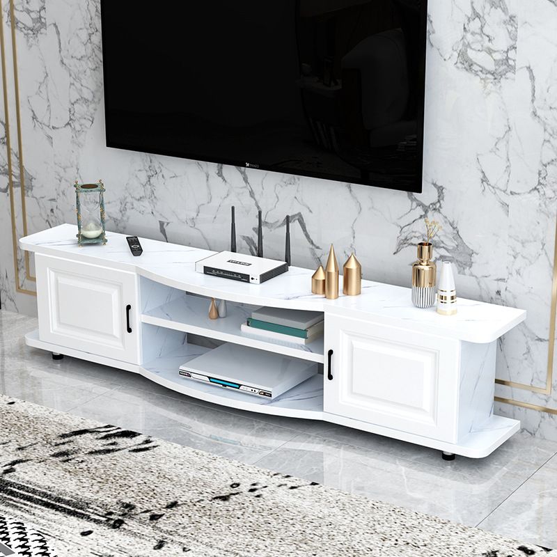 Meuble TV contemporain en bois, rangement ouvert, Console multimédia TV avec pieds pour salon