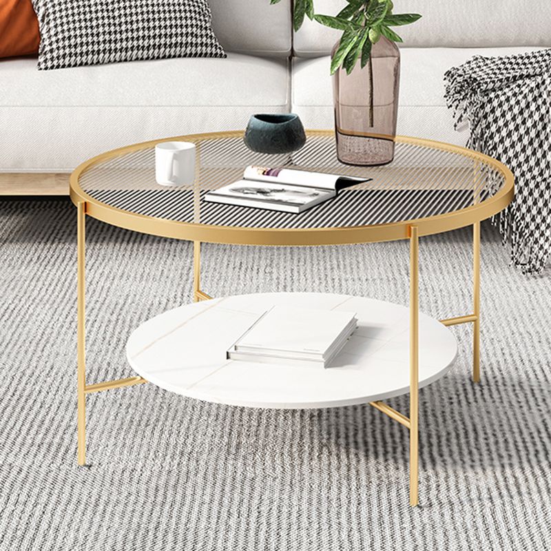 Modern Round Glass & Slate Coffee Cocktail Table with Storage Shelf