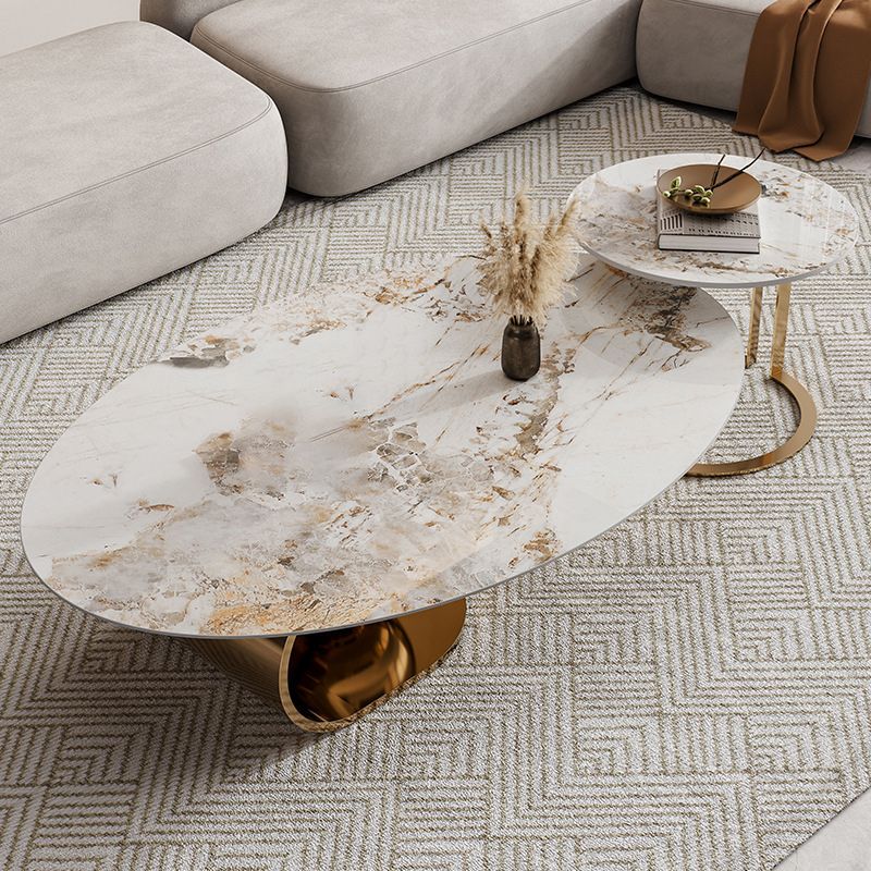 Slate Oval Coffee Table Golden Metal Frame Abstract Cocktail Table, 14.17" High Clearhalo 'Coffee & Accent Tables' 'Coffee Tables' 'coffee_tables' 'furn' 'furn_coffee_tables' 'Furniture' 'Living Room Furniture' 1200x1200_bbea6f0f-e76e-4a2e-ac1c-cf83c591c20b