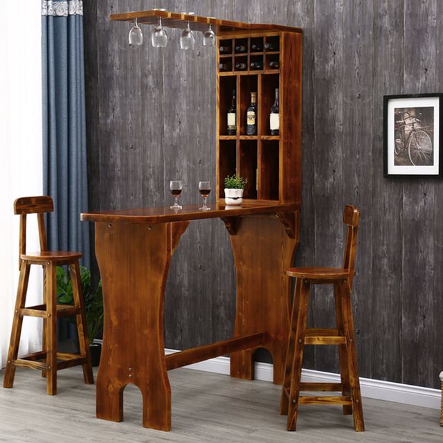 Table de bistro en bois de pin marron avec support à vin, table de pub pour bar