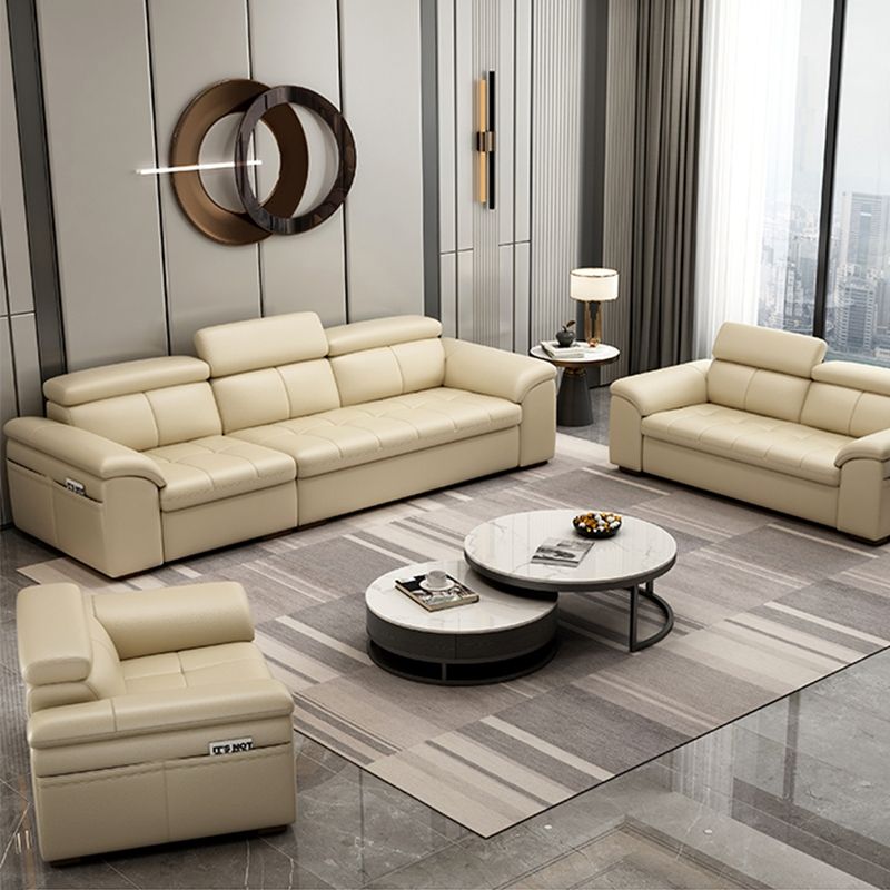 Genuine Leather Sectional Sofa 35.43"High Cushion Back Sofa with Storage,Beige Clearhalo 'furn' 'furn_sectionals' 'Furniture' 'furniture_sectionals' 'Living Room Furniture' 'Sectionals' 1200x1200_bbf216bb-6625-460e-a899-d31ae167d7eb