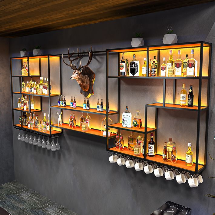 Porte-vides muraux en bois et porte-vin en métal en marron et noir