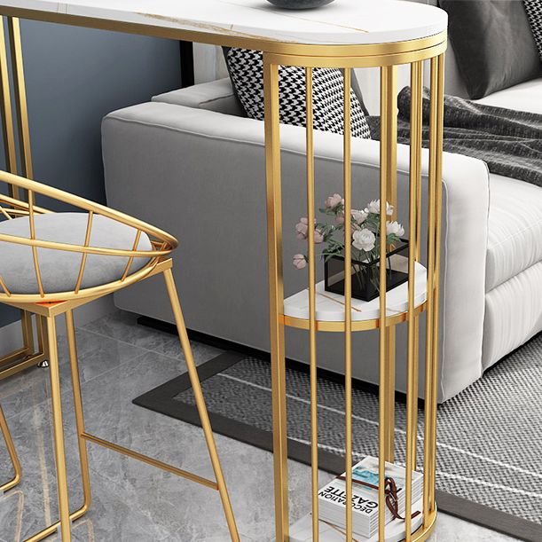 Glam Stone Indoor Bar Dining Table Gold Iron Double Pedestal Bistro Table with Shelve Clearhalo 'Bar Furniture' 'Bar Tables' 'bar_tables' 'furn' 'furn_bar_tables' 'Furniture' 'furniture_bar_tables' 'Kitchen & Dining Furniture' 'kitchen&dining_furn' 'kitchen' 1200x1200_bc196004-13fd-4e14-84d2-b1fec21c500d