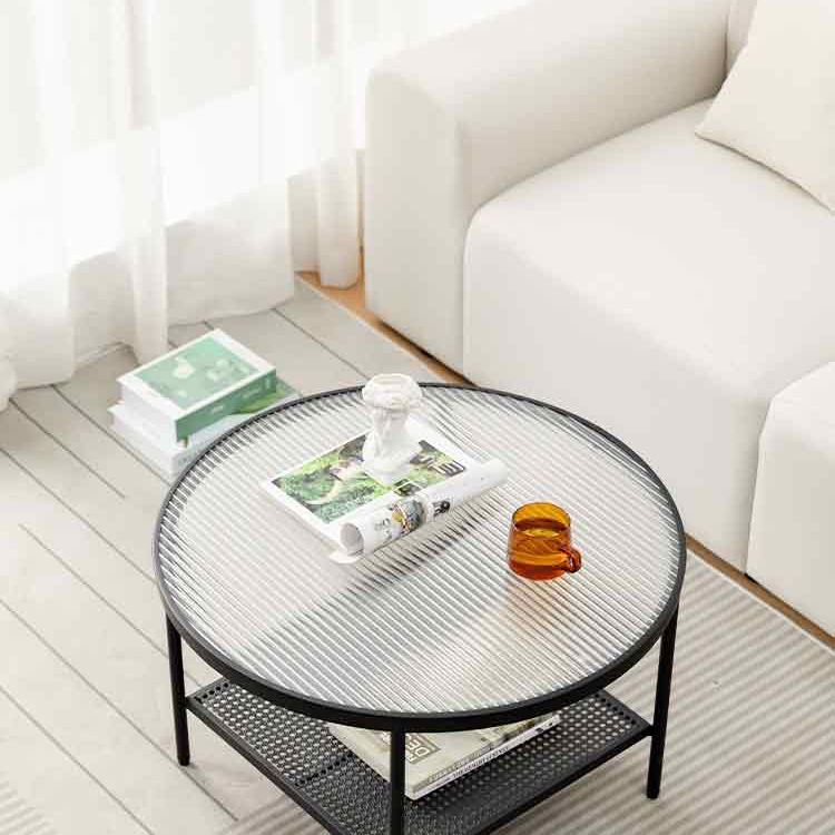 Modern 17.7"H Round Glass Cocktail Table Iron 4 Legs Coffee Table with Shelf Clearhalo 'Coffee & Accent Tables' 'Coffee Tables' 'coffee_tables' 'furn' 'furn_coffee_tables' 'Furniture' 'Living Room Furniture' 1200x1200_bc3c9150-3c69-4957-950a-7d1532208fcb