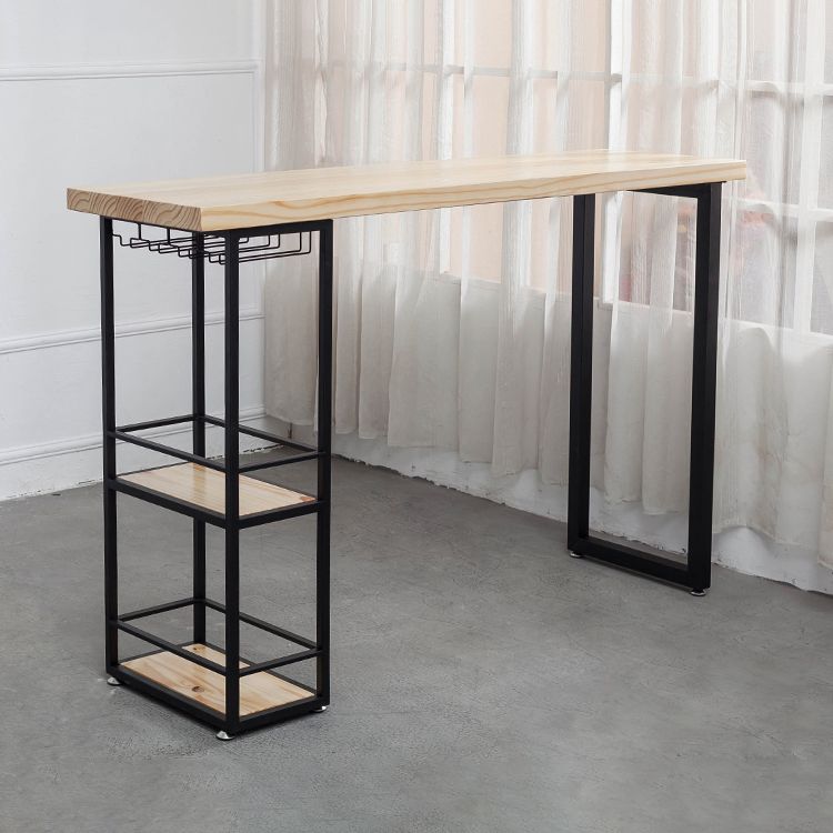 Mesa de comedor rectangular natural, mesa de altura de barra de madera maciza con pedestal y estantes