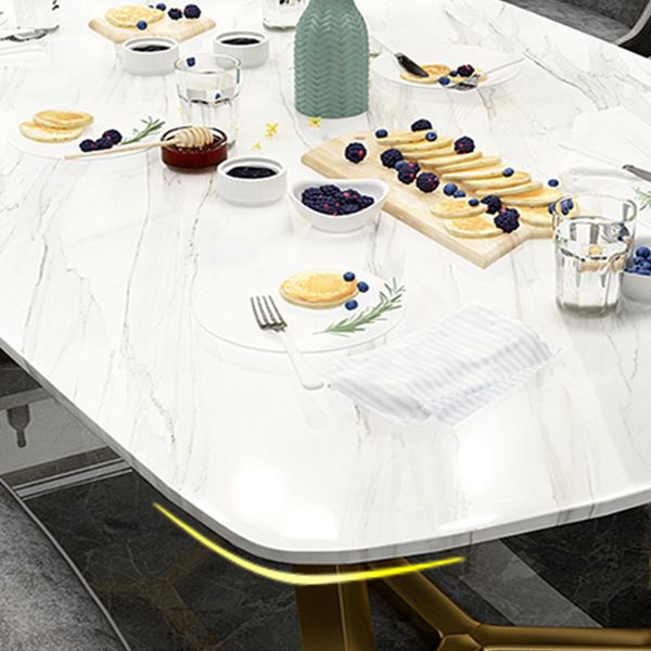 Rectangle White Sintered Stone Top Table Trestle Base Dining Table, Metal in Gold Clearhalo ' dining_table' 'Dining Tables & Seating' 'Dining Tables' 'furn' 'furn_dining_table' 'Furniture' 'furniture_dining_table' 'Kitchen & Dining Furniture' 'kitchen&dining_furn' 'kitchen' 'kitchen_dining_table' 1200x1200_bc7c06b8-fcfa-4e11-8da5-51523cd16e65