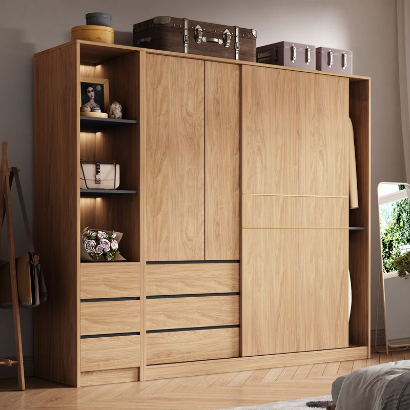 Natürliche Finish -Garderobe Armoire Schiebedarderobe Kabinett mit Schublade