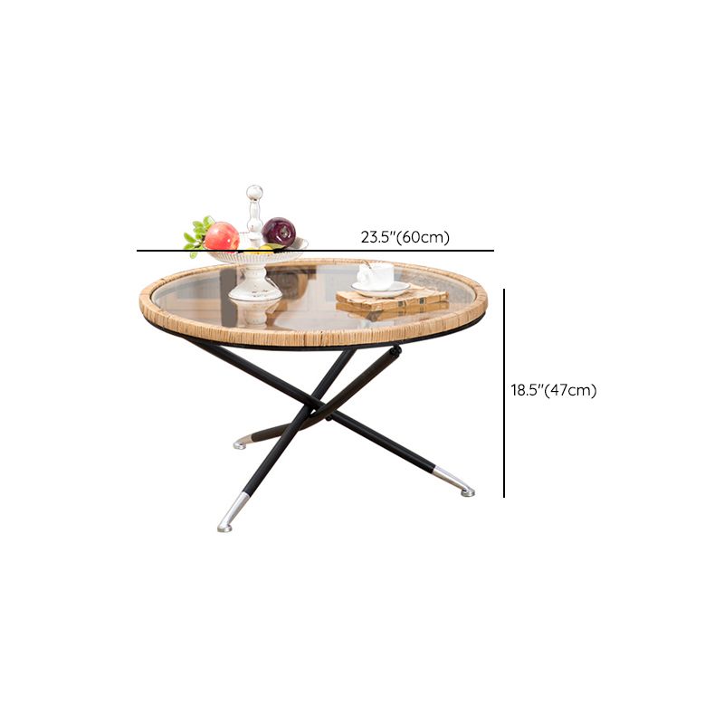 Cross Legs Round Glass Coffee Cocktail Table with Rattan Accent Clearhalo 'Coffee & Accent Tables' 'Coffee Tables' 'coffee_tables' 'furn' 'furn_coffee_tables' 'Furniture' 'Living Room Furniture' 1200x1200_bc8e0d6c-8f0e-4d74-a764-4e28cdf5f980